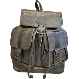 Vintage 90s Black Leather Backpack Drawstring Rucksack